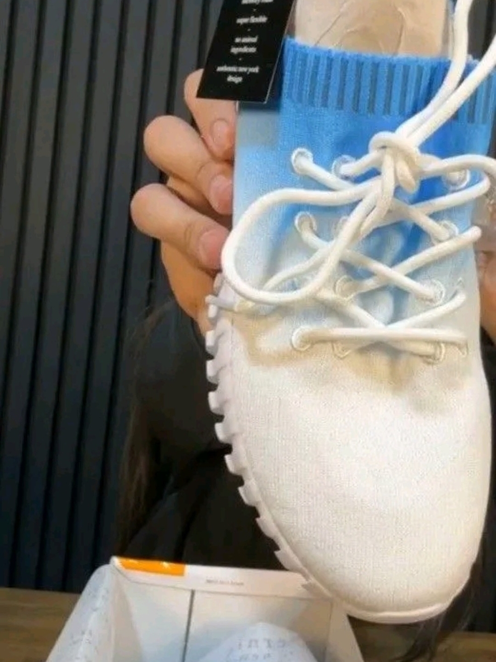 bernie mev. White Knit Lace-Up Sneakers with Blue Collar